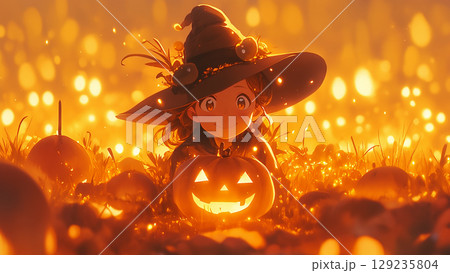 光の中のハロウィンのジャックオーランタンと魔女の女の子、アニメ風 129235804