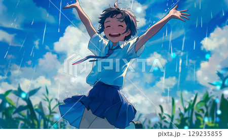 雨の草原で両手を広げてジャンプする学生の女の子、アニメ風 129235855