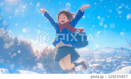 雪の街で両手を広げてジャンプする学生の女の子、アニメ風 129235857