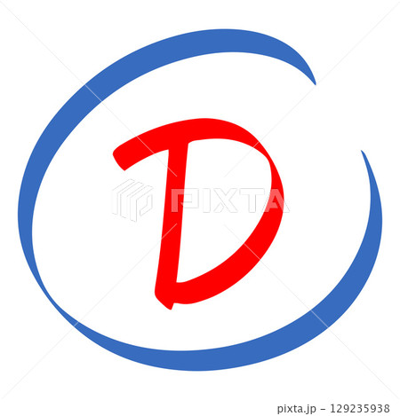 Exam score red marker symbol, grade result - D, test grade letter in blue circle, handwritten student evaluation sign 129235938