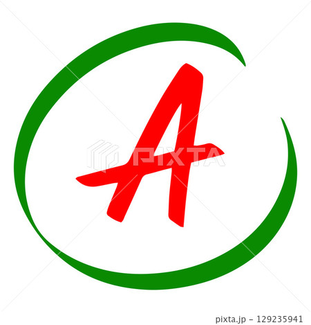 Exam score marker symbol, grade result - A, high test result red letter in green circle, perfect student evaluation sign Exam score marker symbol, grade result - A, high test result red letter in green circle, perfect student evaluation sign 129235941
