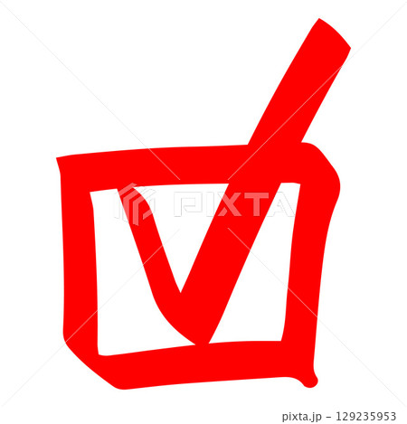 Red marker or pencil check tick mark in square, vector hand drawn approved vote, doodle positive exam grade, test result Red marker or pencil check tick mark in square, vector hand drawn approved vote, doodle positive exam grade, test result 129235953