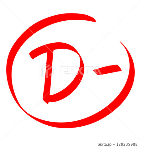 Exam grade icon, D minus, in red, handwritten, mark, result. 129235988