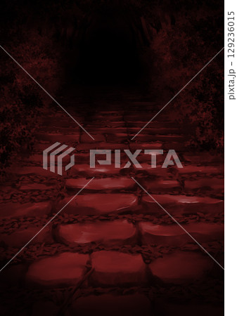 暗い山の中の闇へ続く苔むした石段の風景イラスト赤 暗い山の中の闇へ続く苔むした石段の風景イラスト赤 129236015