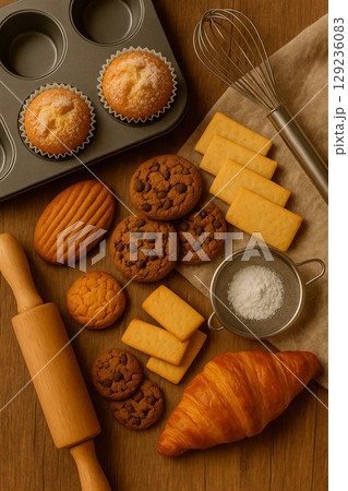 焼き菓子と製菓道具のフラットレイアウト・あたたかみのある木製背景 129236083