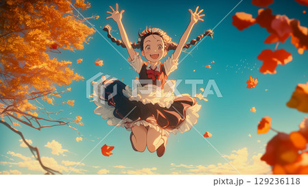 秋の紅葉と両手をあげてジャンプするメイドの女の子、アニメ風 129236118