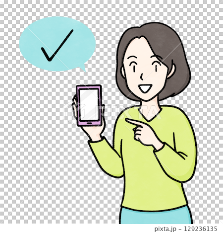 Color illustration of a young woman making a cashless payment with her smartphone 129236135