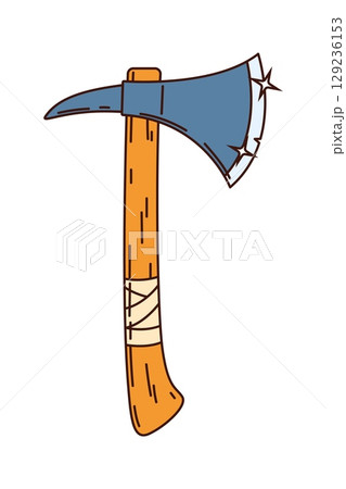 Cartoon groovy battle axe with a wooden handle and shiny dual edged steel blade, isolated vector ax weapon, asset, tool and object for pirate, corsair or fantasy adventure games or character props 129236153
