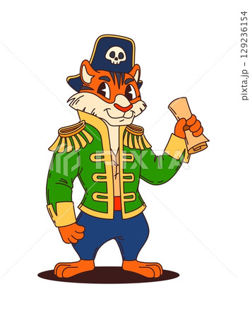 Cartoon funny tiger pirate and corsair animal character with a scroll and captain costume. Isolated vector swashbuckling, striped jungle cat personage captures the excitement of nautical adventures 129236154