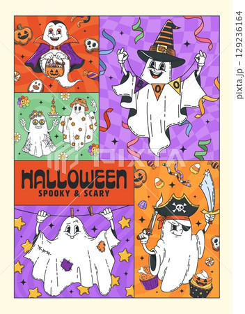 Funny Halloween groovy characters posters. Cartoon collage featuring cute ghosts in costumes of pirates, witches and vampires, surrounded by festive decorations, candy, pumpkins with fun spooky vibe 129236164