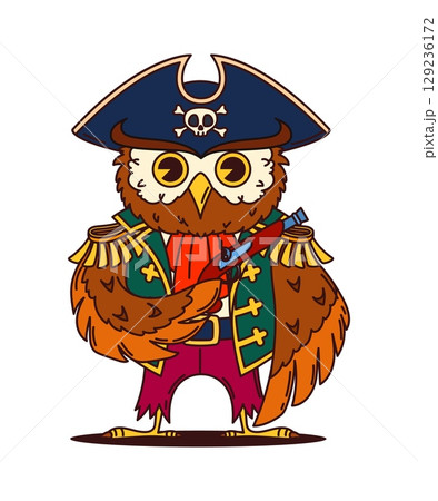 Cartoon owl animal pirate and corsair captain ship crew character wearing navy coat, tricorn hat and holding a gun. Vector owlet bird adventurous swashbuckler personage, ready for maritime adventures Cartoon owl animal pirate and corsair captain ship crew character wearing navy coat, tricorn hat and holding a gun. Vector owlet bird adventurous swashbuckler personage, ready for maritime adventures 129236172