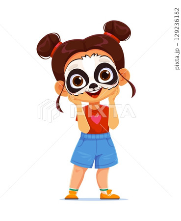 Happy cartoon girl character with panda face paint, heart print shirt, and pigtails, posing joyfully with hands on cheeks. Holiday party kid enjoying children activities and animal themed fun events 129236182