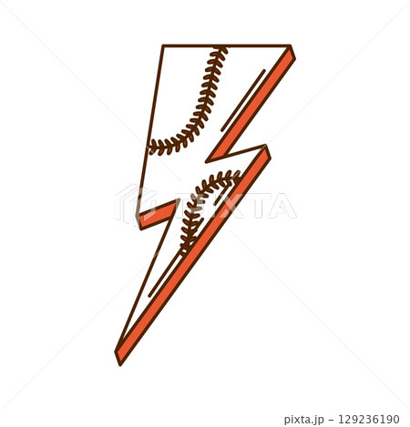 Cartoon groovy lightning bolt with baseball stitching marks, symbolizing energy and athletic spirit in sports. Isolated vector retro y2k sports flash sign. Thunderbolt strike for baseball competition 129236190