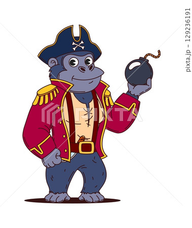 Cartoon gorilla monkey animal pirate or corsair ship crew character holding a bomb with mischievous smile. Isolated vector groovy ape rover dressed as a nautical costume ready to embark on sea voyage 129236191