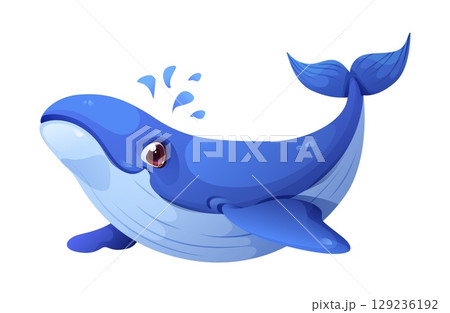 Cartoon blue whale character with smiling face and water splash. Isolated vector sea cachalot, friendly aquatic personage, marine ocean animal. Cute sea creature with smooth body and expressive eyes Cartoon blue whale character with smiling face and water splash. Isolated vector sea cachalot, friendly aquatic personage, marine ocean animal. Cute sea creature with smooth body and expressive eyes 129236192