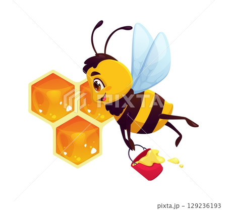 Cartoon funny cute bee worker character flying to beehive cells with joyful face, holding a bucket filled with honey. Vector funny hardworking insect exudes spring pollination, apiary or garden vibes Cartoon funny cute bee worker character flying to beehive cells with joyful face, holding a bucket filled with honey. Vector funny hardworking insect exudes spring pollination, apiary or garden vibes 129236193