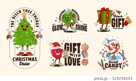 Christmas cartoon characters at groovy t shirt print and posters, vector Xmas winter holiday. Happy Christmas tree, gift box and ornament balls, groovy heart in red hat and candy characters posters Christmas cartoon characters at groovy t shirt print and posters, vector Xmas winter holiday. Happy Christmas tree, gift box and ornament balls, groovy heart in red hat and candy characters posters 129236201