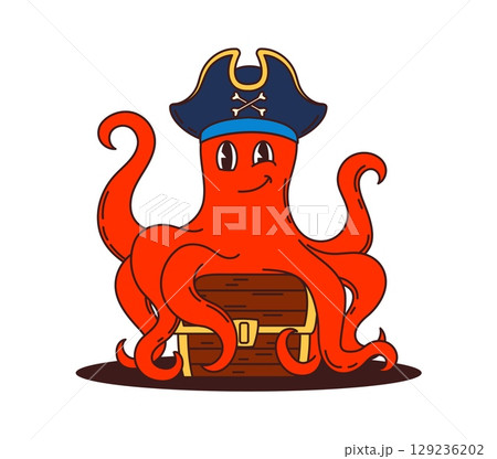 Cartoon funny octopus animal pirate and corsair character. Isolated vector groovy kraken captain retro y2k personage guarding treasure chest with a loot, engaged in nautical adventure on the high seas 129236202