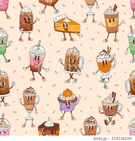 Hippie groovy dessert characters seamless pattern. Vector tile background with cartoon coffee, milkshake beverages, cupcakes and pies funky confectionery retro y2k personages with expressive faces Hippie groovy dessert characters seamless pattern. Vector tile background with cartoon coffee, milkshake beverages, cupcakes and pies funky confectionery retro y2k personages with expressive faces 129236209