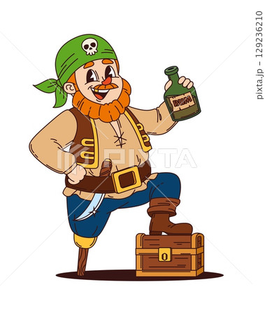 Cartoon pirate or corsair sailor character with rum and wooden leg, vector personage. Funny pirate boatswain in sailor bandana with Jolly Roger skull, Caribbean corsair character with treasure chest Cartoon pirate or corsair sailor character with rum and wooden leg, vector personage. Funny pirate boatswain in sailor bandana with Jolly Roger skull, Caribbean corsair character with treasure chest 129236210