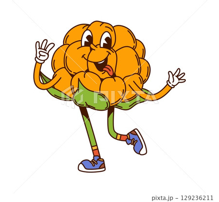 Cartoon groovy hippie cloudberry berry character with funny silly face, vector freaky fruit. Groovy cloudberry berry with tongue out and trippy smile in hippie shoes for retro cartoon fruit character 129236211