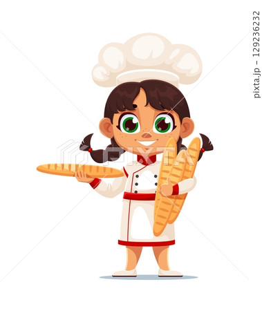Cartoon cute girl baker in white uniform and chef hat smiling while holding baguettes. Vector cooking child representing culinary, joyful bakery work and fresh bread. Kid cook and baking in toque 129236232