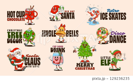 Christmas y2k groovy stickers of cartoon Santa Claus, elf and gift bag. Vector Christmas tree, red hat, Xmas bell and ornament ball characters. Retro y2k groovy disco ball, hot drink cups stickers set Christmas y2k groovy stickers of cartoon Santa Claus, elf and gift bag. Vector Christmas tree, red hat, Xmas bell and ornament ball characters. Retro y2k groovy disco ball, hot drink cups stickers set 129236235