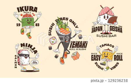 Groovy sushi roll characters for T shirt print and posters with cartoon Japanese food, vector personages. Groovy sushi stickers of sushi with funny faces, happy rice roll with funky ninja sushi 129236238
