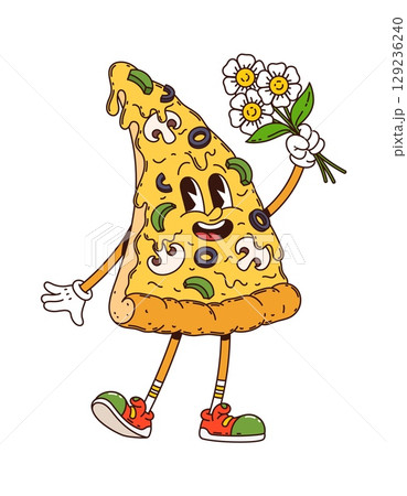 Groovy birthday party cartoon character, pizza with funny face and flowers, vector holiday emoji. Groovy pizza slice character with happy smile and daisy flowers for gift on birthday party celebration Groovy birthday party cartoon character, pizza with funny face and flowers, vector holiday emoji. Groovy pizza slice character with happy smile and daisy flowers for gift on birthday party celebration 129236240