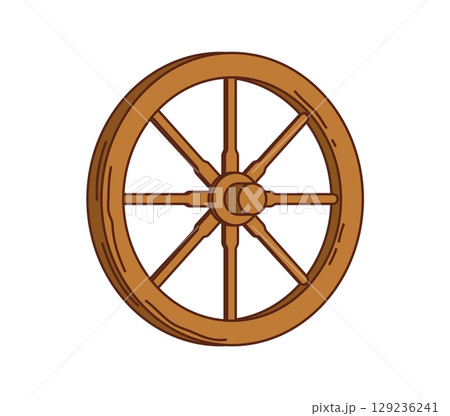 Cartoon groovy wild west western wooden wagon wheel with eight spokes, rustic and vintage old west transportation item. Isolated vector classic wood wheel symbolizes movement, adventure and tradition Cartoon groovy wild west western wooden wagon wheel with eight spokes, rustic and vintage old west transportation item. Isolated vector classic wood wheel symbolizes movement, adventure and tradition 129236241