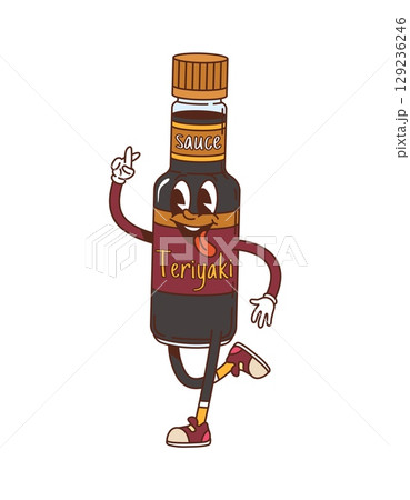 Cartoon groovy teriyaki sauce bottle character with cheerful smile, tongue out and crossed finger gesture. Vector retro food personage with funky y2k nostalgic vibes. Vintage condiment snack packaging 129236246