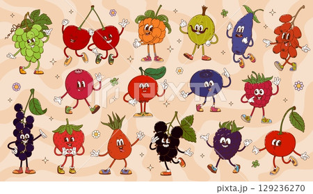 Cartoon groovy berry characters of retro hippie fruits and flowers. Vector psychedelic farm berry personages, cute cherry, strawberry, grapes and raspberry. Funky groovy cranberry, rosehip characters 129236270