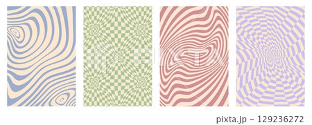 Psychedelic groovy hippie pattern backgrounds, featuring hypnotic distortions and optical illusions in retro colors. Vector set of abstract wavy distorted warped striped and checkered vintage posters 129236272