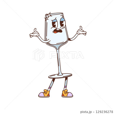 Cartoon groovy wine glass, kitchenware character. Restaurant alcohol drink glassware funky 80s vector personage, bar beverage goblet groovy retro character. Wine glass sad or disappointed mascot Cartoon groovy wine glass, kitchenware character. Restaurant alcohol drink glassware funky 80s vector personage, bar beverage goblet groovy retro character. Wine glass sad or disappointed mascot 129236278