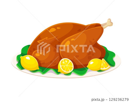 Cartoon roasted turkey served on plate with lettuce leaves and whole lemon fruits, food for happy Thanksgiving holiday celebration. Isolated vector festive meal, symbol of harvest and family gathering 129236279