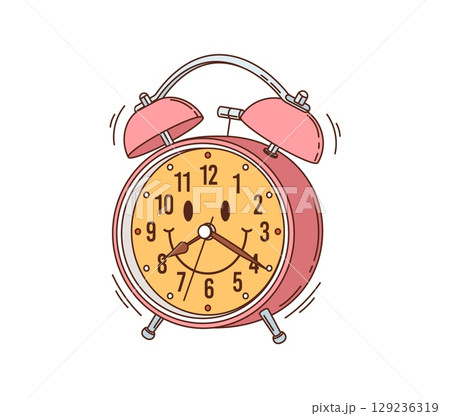 Retro hippie alarm clock character, groovy object. Morning wake, sleep awakening reminder isolated vector hippie vintage object, funky icon. Ringing classic pink alarm clock groovy retro 80s symbol Retro hippie alarm clock character, groovy object. Morning wake, sleep awakening reminder isolated vector hippie vintage object, funky icon. Ringing classic pink alarm clock groovy retro 80s symbol 129236319