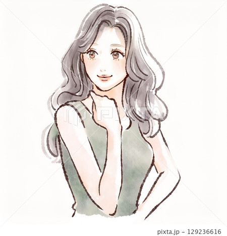 水彩画・手描きの女性・女の子のイラスト素材 129236616