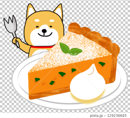 Shiba Inu eating a delicious pumpkin pie 129236685