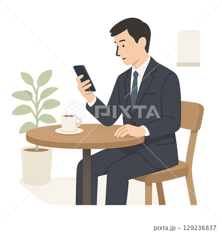 昼休みにスマホでニュースを読む男性会社員 129236837