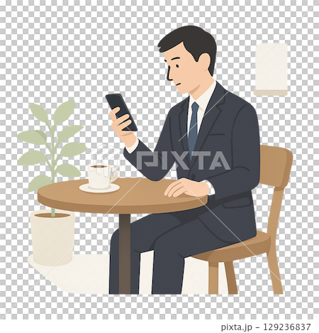 昼休みにスマホでニュースを読む男性会社員 129236837