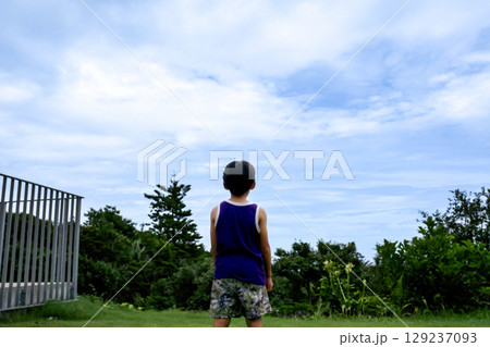 ＜素材＞夏の公園で大空を眺める男の子 129237093