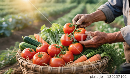 Farmer harvesting fresh tomatoes from garden into basket filled with organic vegetables like carrots, cucumbers, and leafy greens. Farmer harvesting fresh tomatoes from garden into basket filled with organic vegetables like carrots, cucumbers, and leafy greens. 129237102