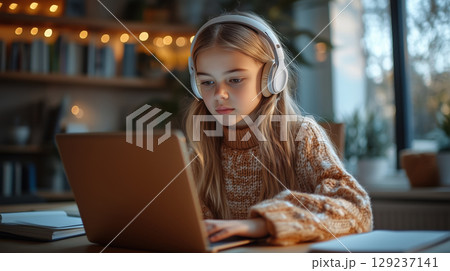 Focused girl in headphones using laptop for online learning at cozy home desk with warm lighting and bookshelves 129237141
