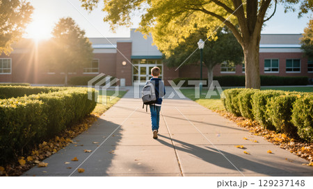 Young boy walking alone with backpack toward school building on sunny autumn morning with golden light 129237148