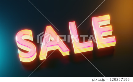 3d renndering glassy pink and yellow layered sale sign shining on reflective surface 129237193