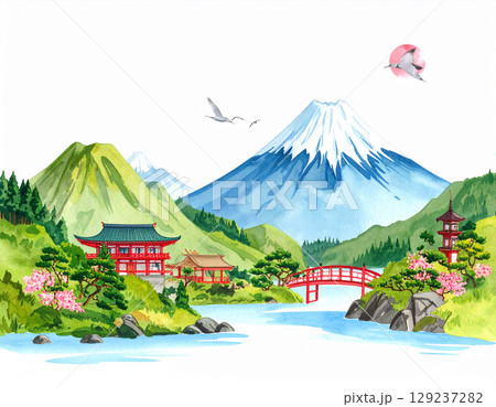 富士山　生成AI　水彩　背景 129237282