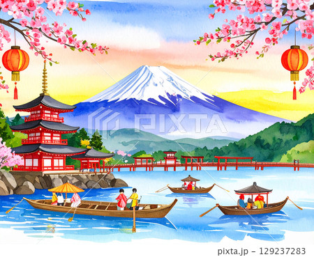 富士山　生成AI　水彩　背景 129237283