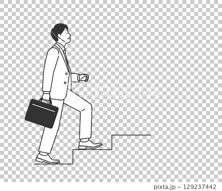 Line drawing illustration of a businessman going up the stairs Line drawing illustration of a businessman going up the stairs 129237442