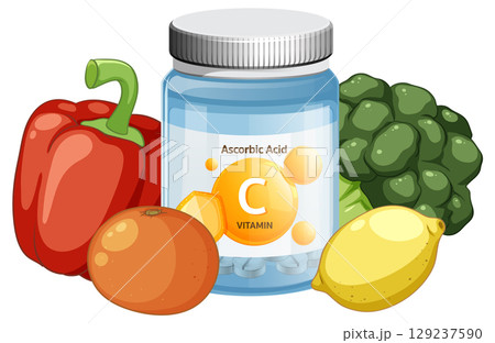 Vitamin C Supplement Bottle with Fresh Fruits and Vegetables Vitamin C Supplement Bottle with Fresh Fruits and Vegetables 129237590