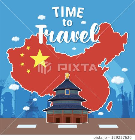 China Travel Illustration with Landmark and Map 129237620